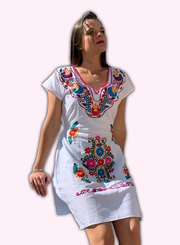 Hermoso Vestido Artesanal Bordado Quimono Mexicano