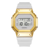 Reloj Digital Con Alarma Cronometro Y Led Correa De Silicona Malla Blanco Bisel Dorado