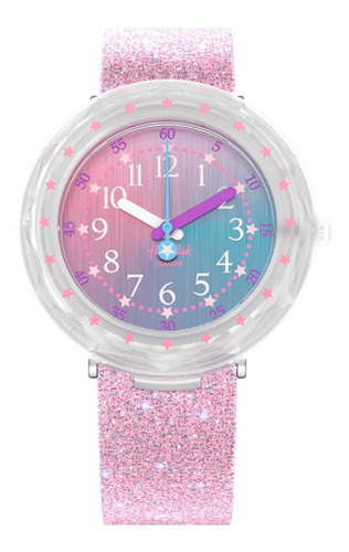 Reloj Flik Flak Pearlaxus Para Niños Zfcsp107 Color De La Malla Rosa Color Del Bisel Traslúcido Color Del Fondo Multicolor