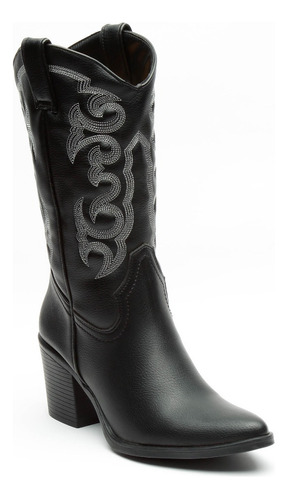 Bota Vaquera Con Tacón Ancho Color Negro Para Mujer 6004 O-i