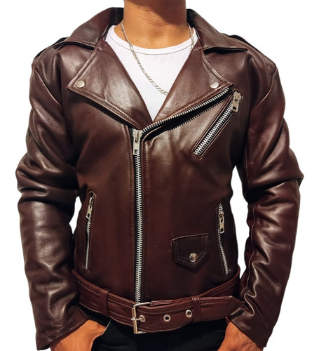 Chamarra Biker De Piel Para Hombre Rockera Cuero Café Slim