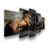 Quadro Cavalos Moderno Hd 5 Peças Mosaico Mdf 6mm