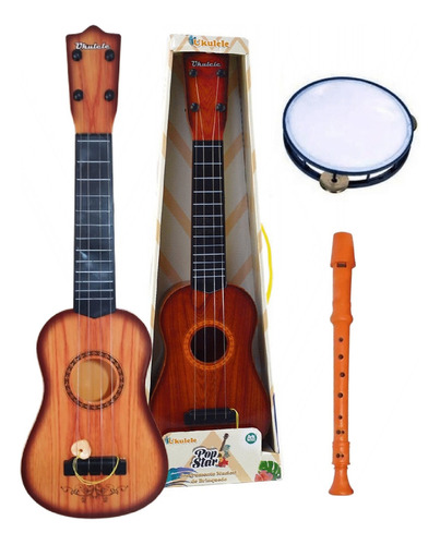 Violão Ukelele  + Flauta + Pandeiro Infantil Instrumento 