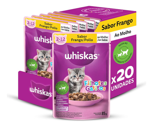 Pack Ração Úmida Whiskas Para Gatos Filhotes Sachês Sabor Frango Ao Molho 85g - Caixa Com 20 Unidades