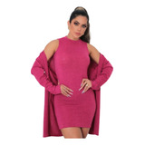 Conjunto Vestido Feminino Lanzinha Cardigan Casaco Gola Alta