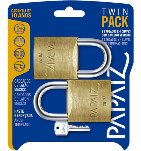 Kit 2 Cadeado Twin Pack 25mm Segredos Iguais Papaiz Chave Cor Dourado