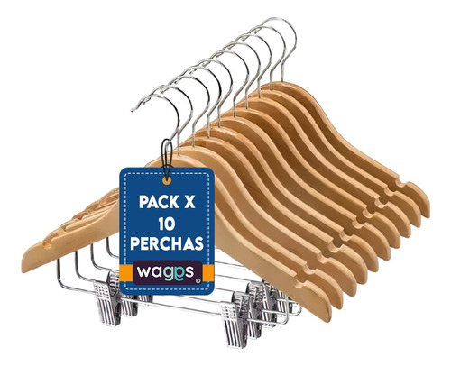 Pack De 10 Perchas Con Ganchos De Madera Lustrada Y Barniza