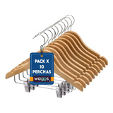 Pack De 10 Perchas Con Ganchos De Madera Lustrada Y Barniza