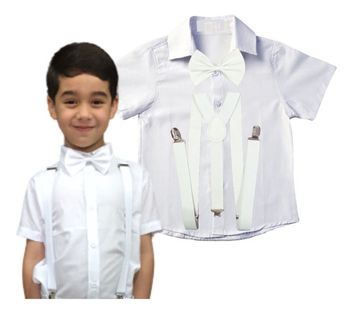 Camisa Infantil Social E Kit Gravata Suspensório Luxo