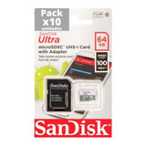 Pack X10 Tarjetas De Memoria Micro Sd64 Gb Sandisk Clase 10