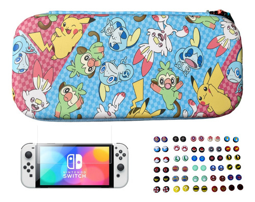 Estuche Nintendo Switch Oled Diseño Pikachu +vidrio+ 2 Grips