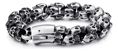 Pulsera Calavera Acero Brilloso Biker Gotico Craneo Grueso P