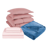 Pack Cobertor Rosa+sabana+frazada Azul King 3 Piezas 3angeli Color Rosa Liso