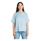 Blusa Satín Detalle De Botones Celeste