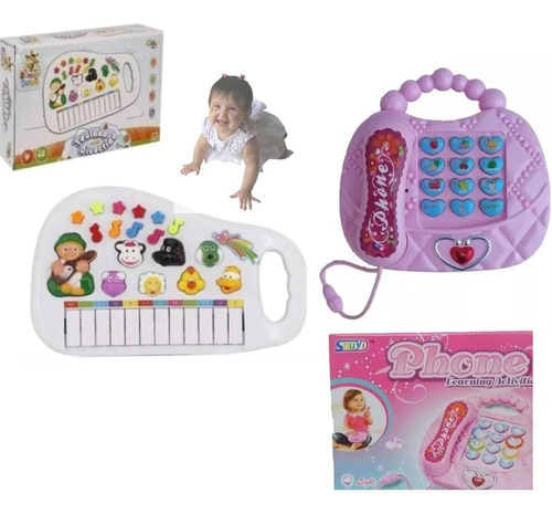   Kit Telefone Rosa + Piano Infantil Teclado Sons De Bicho 