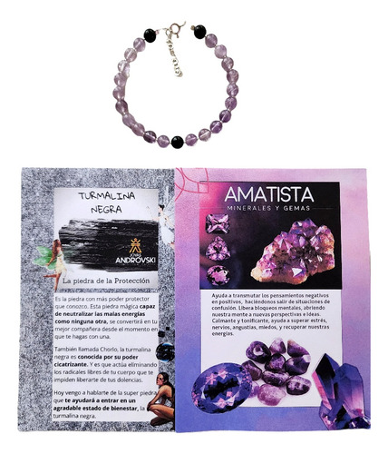 Pulsera Piedra Turmalina Negra + Amatista 6mm ,  Protege X 2