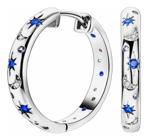 Aros De Plata Argolla Con Lunas Y Estrellas Circones Azules