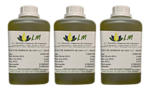 Kit 3 Óleo Semente De Uva Vegetal Puro Natural Distriol 1l