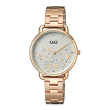 Reloj Q&q By Citizen Qz79j001y Para Mujer Strass Acero 50mts Color De La Malla Oro Rosa Color Del Bisel Dorado Color Del Fondo Blanco