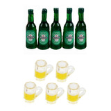 Set 5 Mini Botellas Cervezas Heineken + 5 Vasos Casa Muñecas