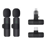 Micrófonos Inalámbricos Solapa 2 En 1 Para iPhone O Tipo C Color Negro
