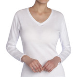 Camiseta Mujer Manga Larga Cuello  V  Algodón Blanco
