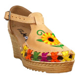 Huarache Artesanal Plaforma Bordado Girasol Tan Piel 