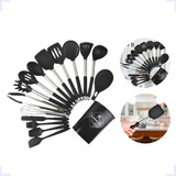 Kit Jogo De Escumadeiras 16 Peças Silicone + Inox Cozinha Cor Preto