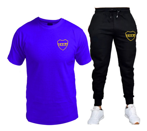 Conjunto Remera Y Pantalon Jogging De Boca Escudo Dorado 01