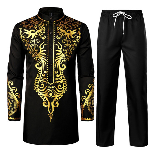 Camisa Y Pantalones Dashiki Con Estampado Dorado Africano Pa