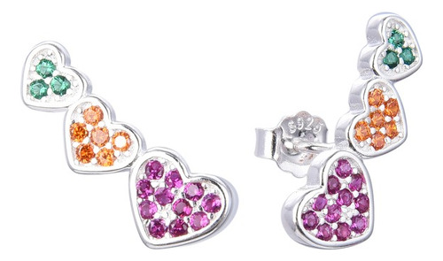 Aros Trepador Corazones Multicolor Cubic Piedras Plata 925 