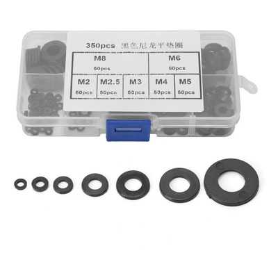 350 Unids Negro Nylon Plástico Arandela Plana Junta Kit Kit