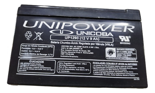 Bateria Selada 12v 9a Up1290 Nobreak 12v 9ah Unipower