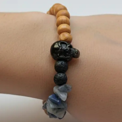Pulsera Sodalita, Cráneo Lava Y Pino Azul, Negro, Beige 9 Cm 18 Cm