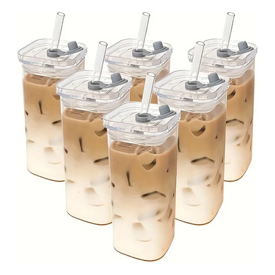 Set De 6 Vasos Cuadrados De Vidrio Con Tapa, Vasos
