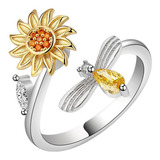 Anillo Flor Girasol Giratorio Plata 925 Antiestres Circonio