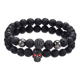 Pulsera Doble Negra Calavera Craneo Black Piedra Volcánica