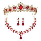 Conjunto De Collar Y Pendientes Con Corona De Novia Roja Y A