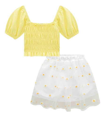 Infanti Conjunto Blusa Trançado E Saia Tule Bordado Amarelo