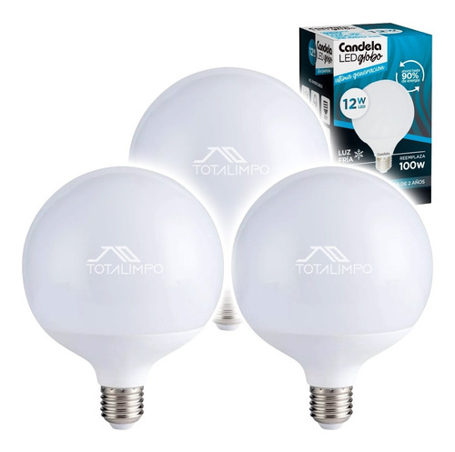 3 Lámparas Led Globo 12w (100w) Luz Fría Candela 6800