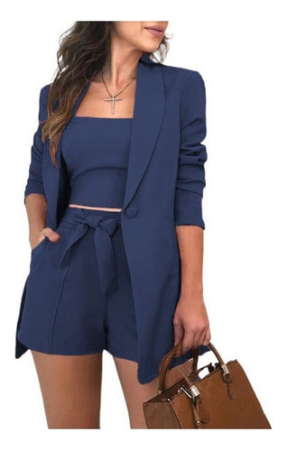 Colete Blazer Feminino, Shorts De Cintura Alta, 3 Peças