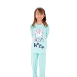 Pijama Infantil  De Inverno Feminino De Gatinho Verde Água