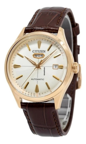 Reloj Citizen Automatic Nh839305a Hombre Color De La Malla Marrón Color Del Bisel Dorado Color Del Fondo Blanco