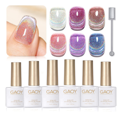 Set Esmaltes De Gel Cateye Con Purpurina Tonos Arcoiris 6pza