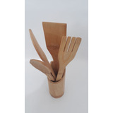 Jogo De Porta Talheres + Colher De Bambu Kit 5 Peças Cozinha