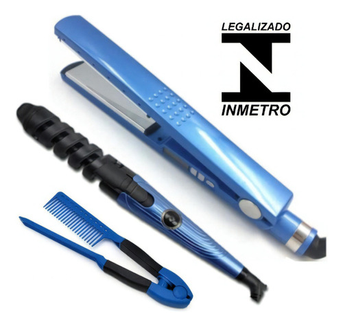 Plancha Alisador Profesional De Nanotitanio, Rizador Y Peine, Color Azul, Voltaje 110 V/220 V