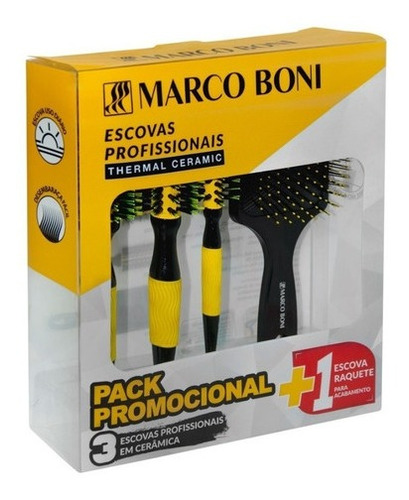 Kit Profissional 3 Escovas Cerâmica P/m/g Raquete  Marcoboni Amarelo