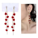 Aretes Largos Con Rosas Rojas Cristal Austriaco