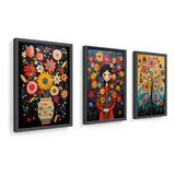 Kit 3 Quadros 33x45 Flores, Vaso, Arte Mexicana, Vidro A3