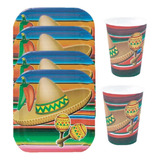 Set 10 Platos Torta + 10 Vasos Desechables Fiesta Mexicana 